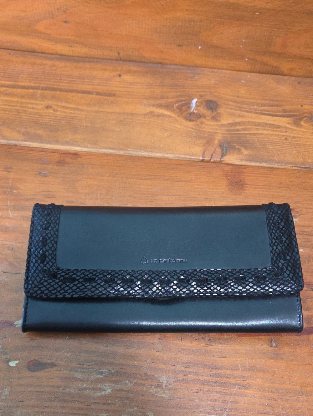 Liz Claiborne NWOT Black Leather Wallet with Snake-Texture Trim